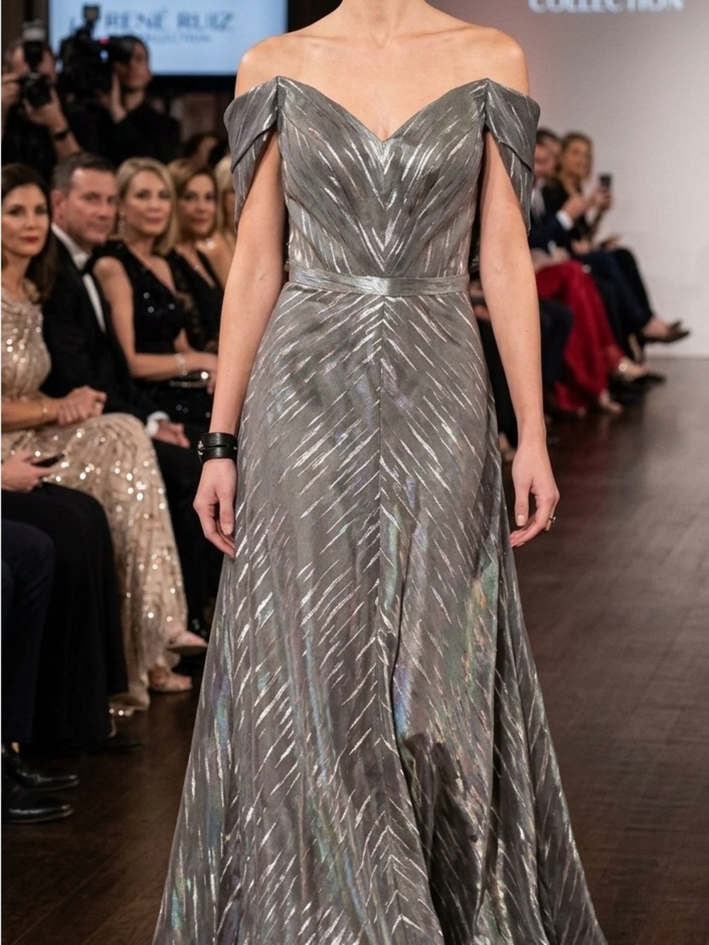 Rene Ruiz Collection Off-The-Shoulder Metallic Gown - Charcoal/Silver Size 6